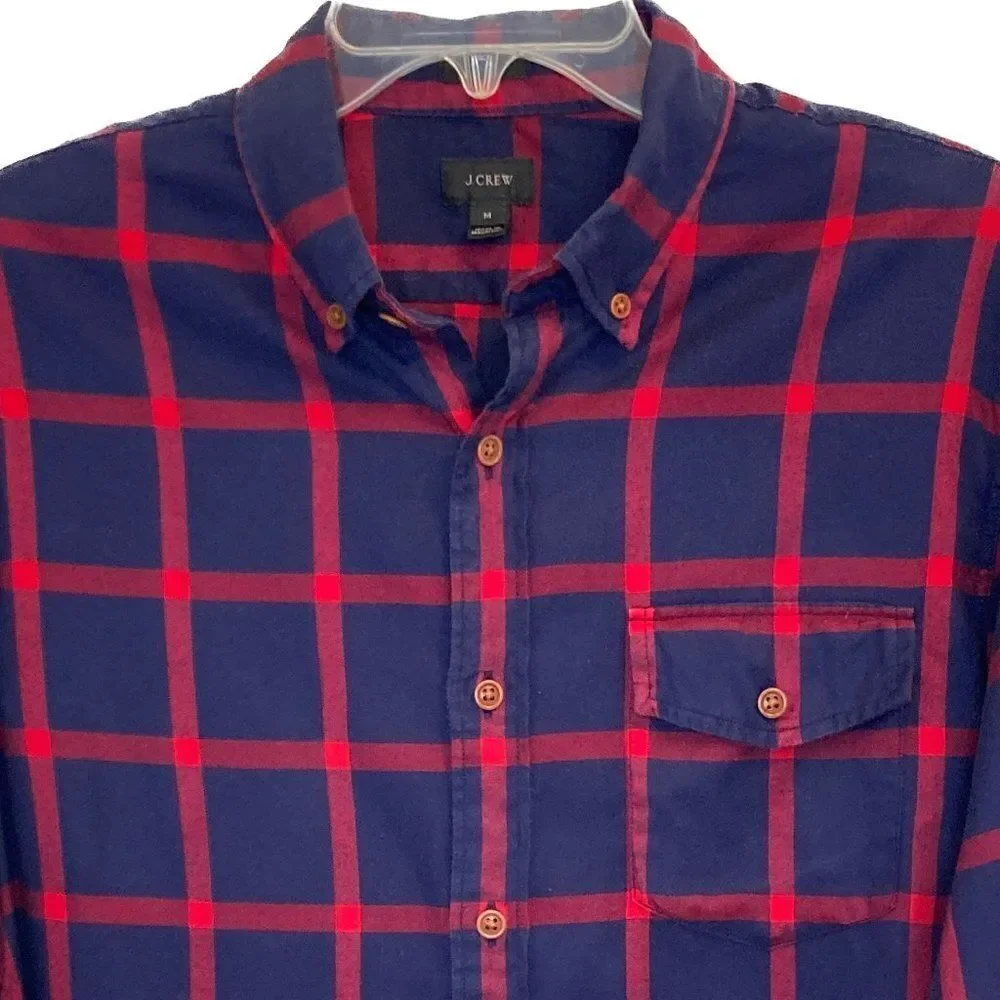 J. Crew Red Navy Kory Check Brushed Twill Cotton Shirt Size Medium
